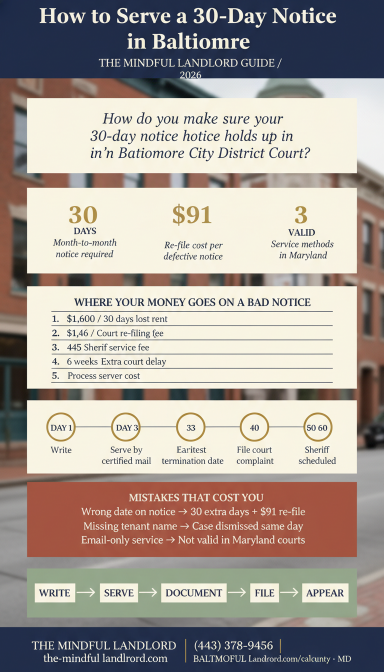 Step-by-step infographic showing how to serve a 30-day notice in Baltimore: timeline, delivery methods, and cost of a defective notice