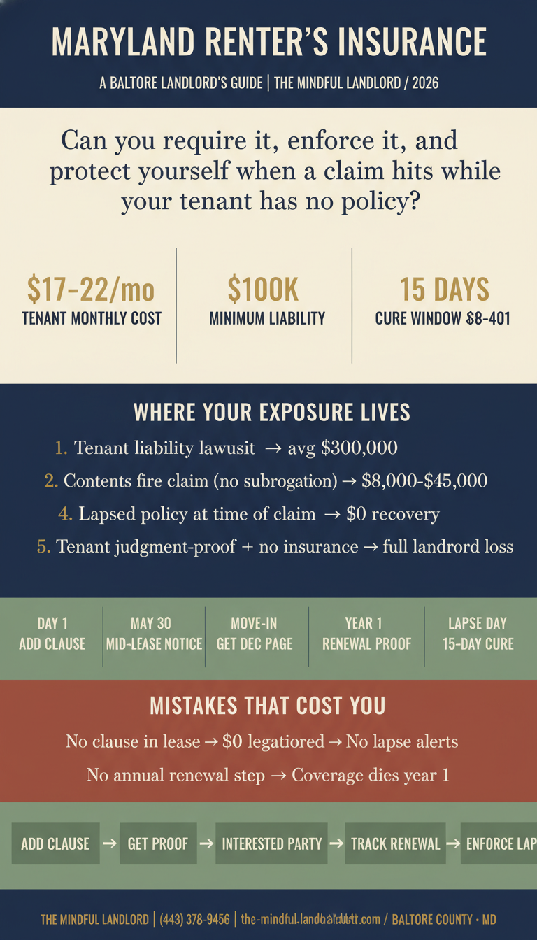 Maryland renter's insurance guide infographic for Baltimore landlords: coverage zones, enforcement timeline, and costly mistakes to avoid