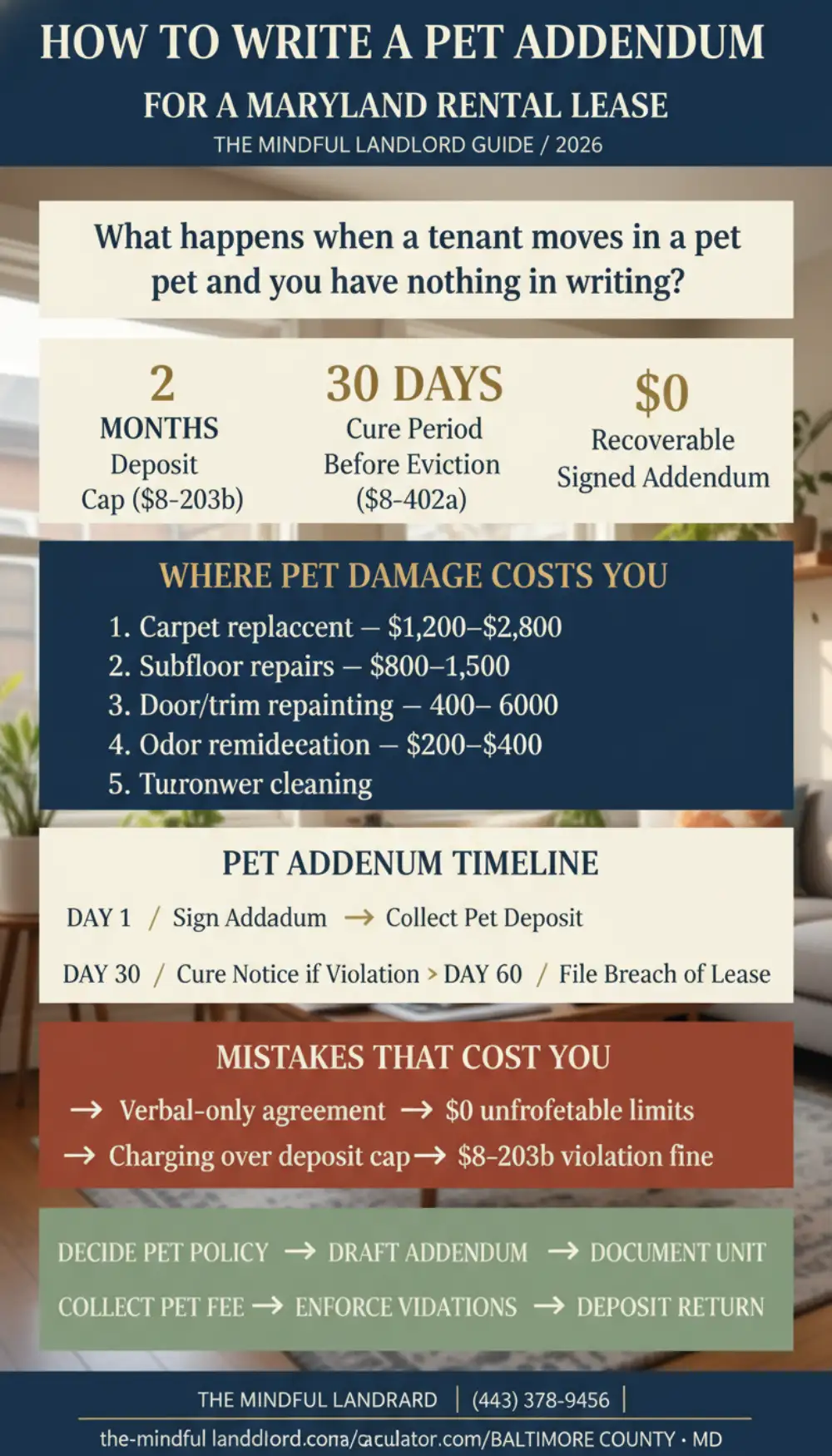 Maryland pet addendum guide infographic: deposit caps, cure periods, and pet damage cost breakdown by zone