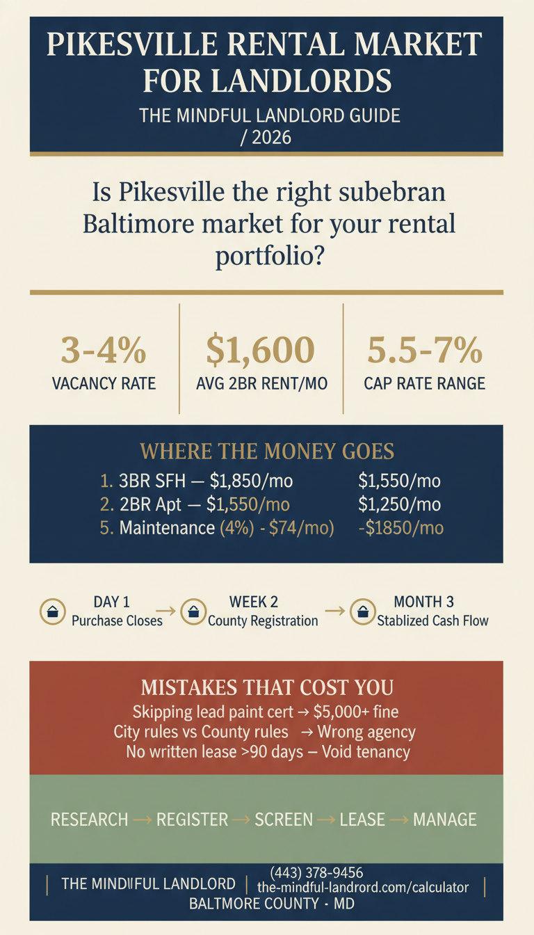 Pikesville rental market infographic: vacancy rates, cap rates, rental rates, and investor checklist for Baltimore County 2026