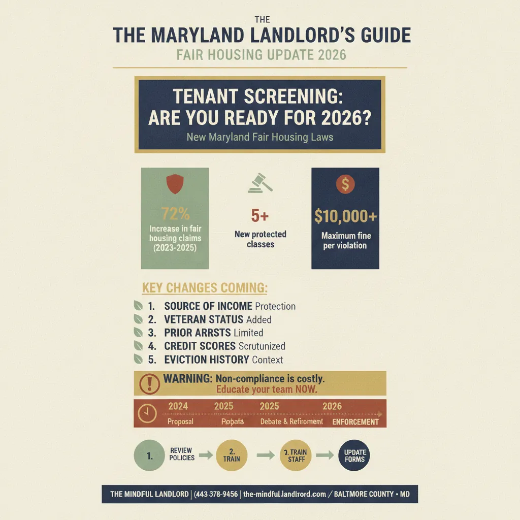 Close-up of a legal document titled 'Maryland Fair Housing Act' on a modern desk with a subtle Baltimore city skyline in the background. infographic